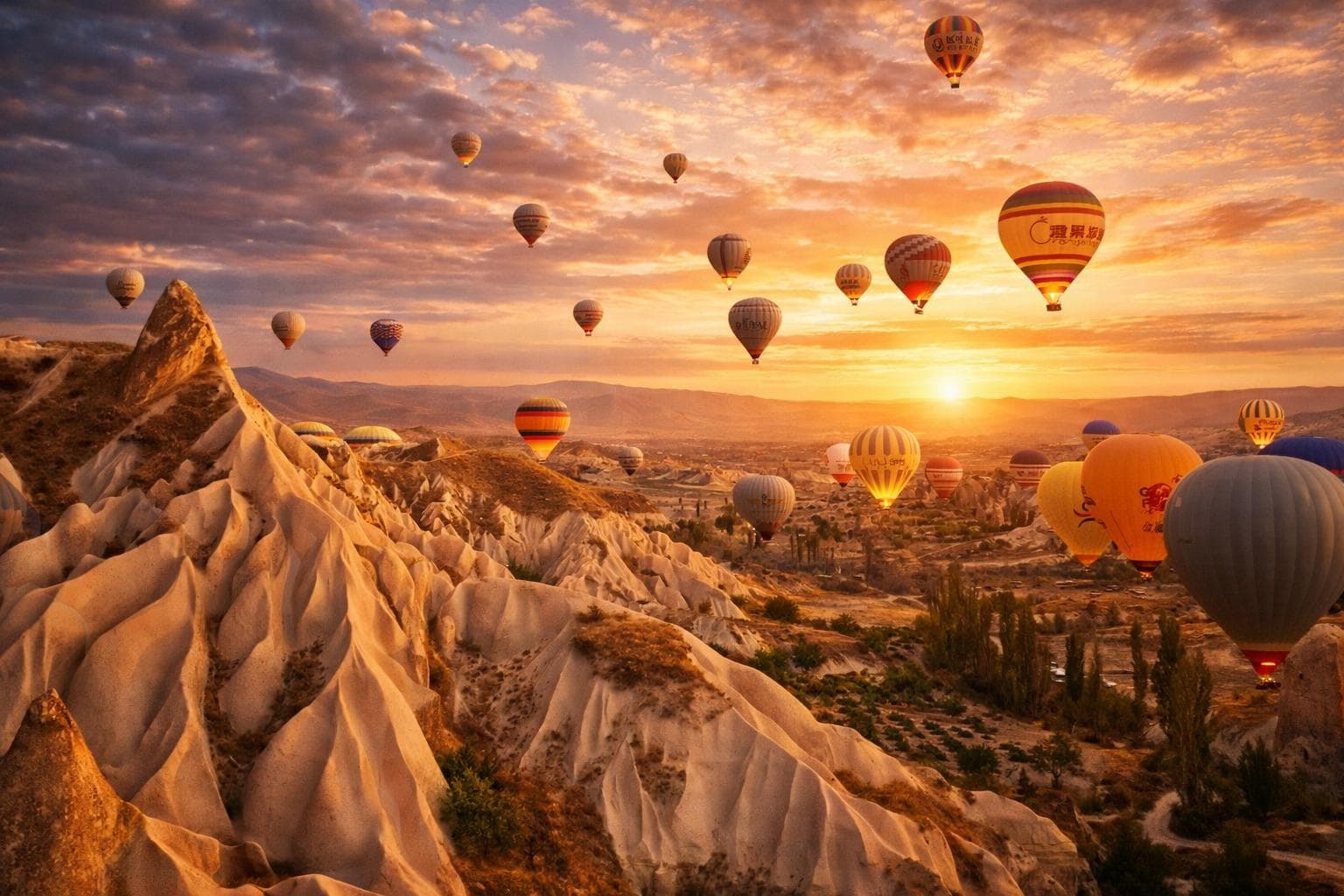 Hot-air balloons drifting over the valleys of Cappadocia at dawn