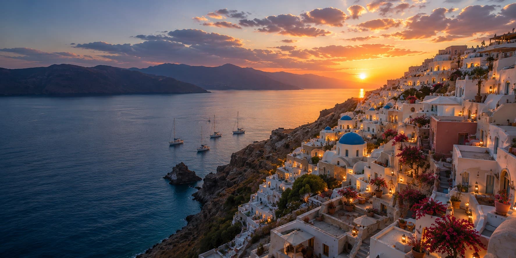 Santorini's whitewashed town cascading toward the caldera at golden hour