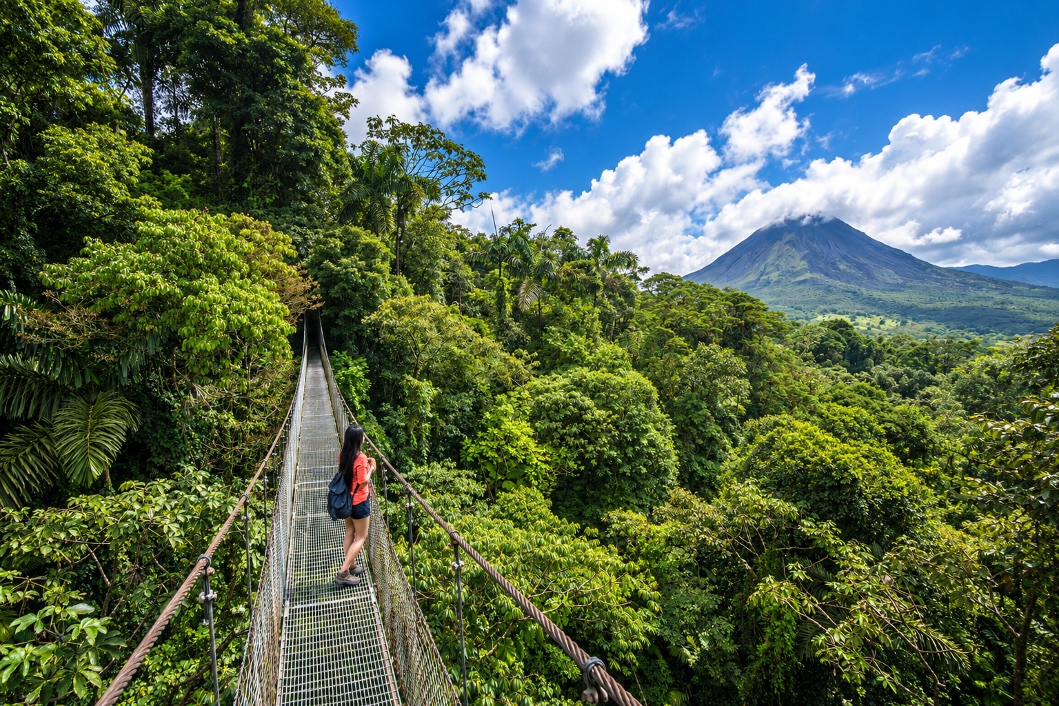 A hiker crossing a suspension bridge through the rainforest canopy toward Arenal Volcano