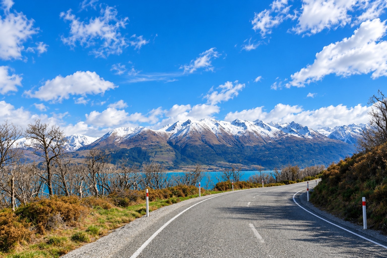 A winding country road above a turquoise lake, framed by snow-capped mountains near Glenorchy