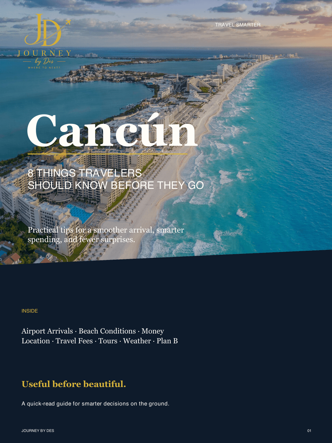 Cover of the Journey by Des Cancún guide, showing an aerial view of Cancún's coastline