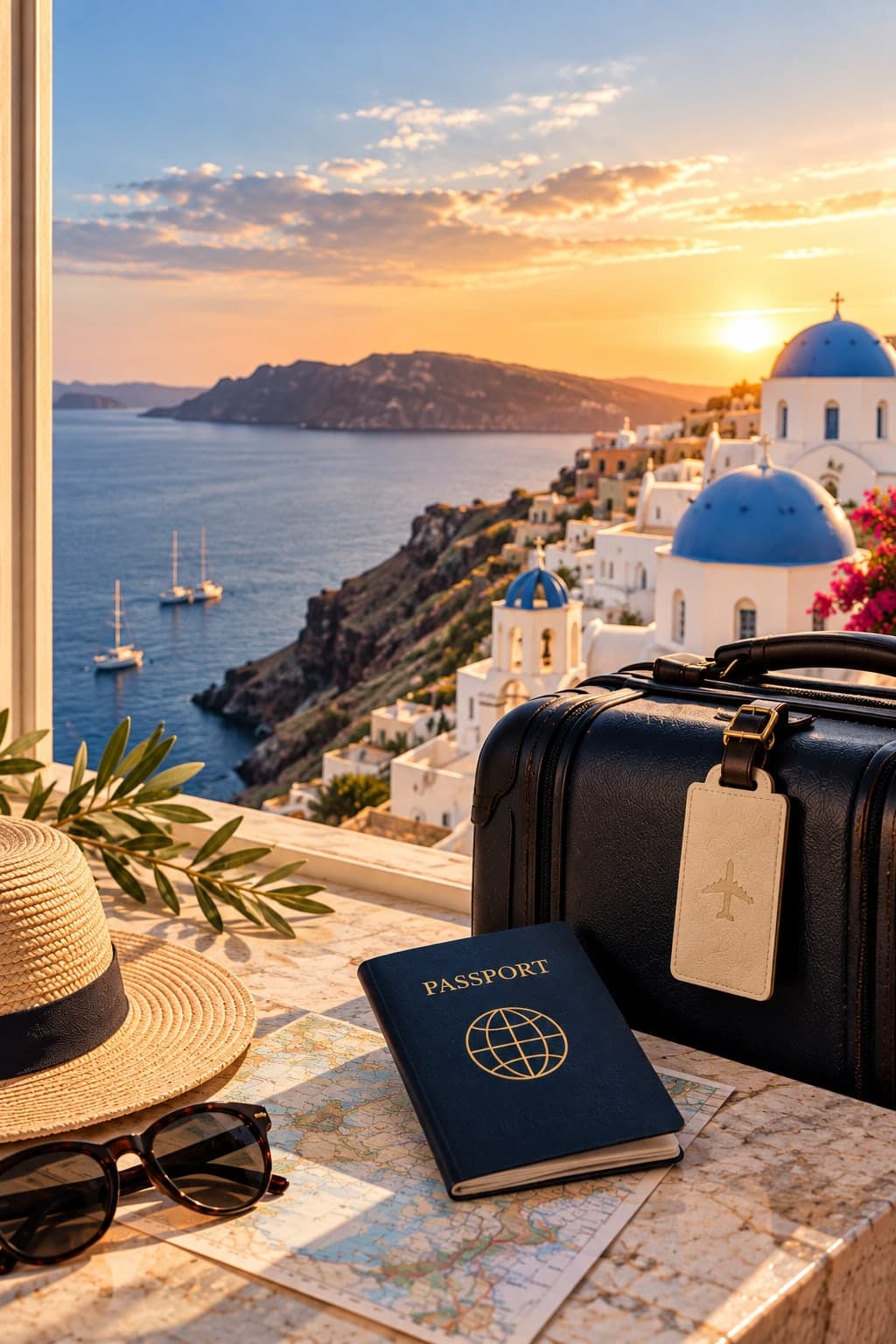 A passport and a vintage suitcase with a plane-tag luggage label, resting on a marble ledge overlooking Santorini's blue-domed churches and the caldera at sunset