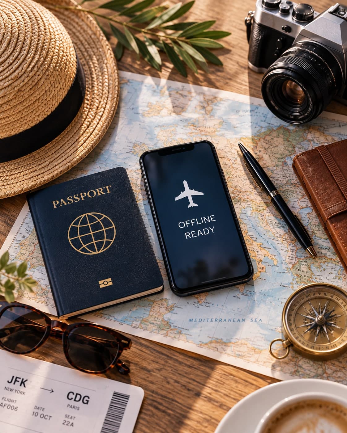 A passport, a phone showing an 'Offline Ready' airplane icon, a paper map, a camera, sunglasses, and a boarding pass arranged on a wooden table